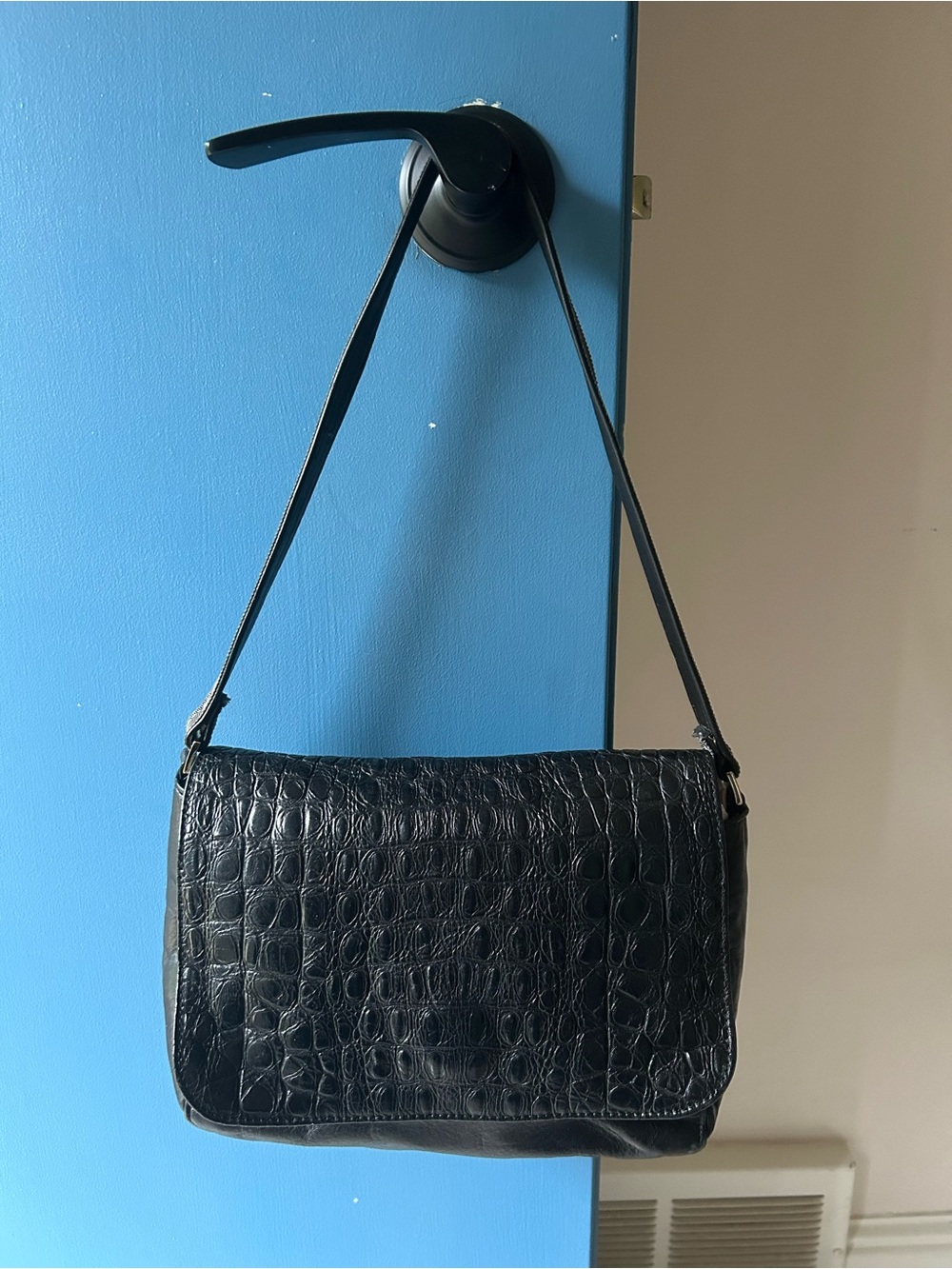 Clare Vivier Black Croc-Embossed Leather Shoulder Bag